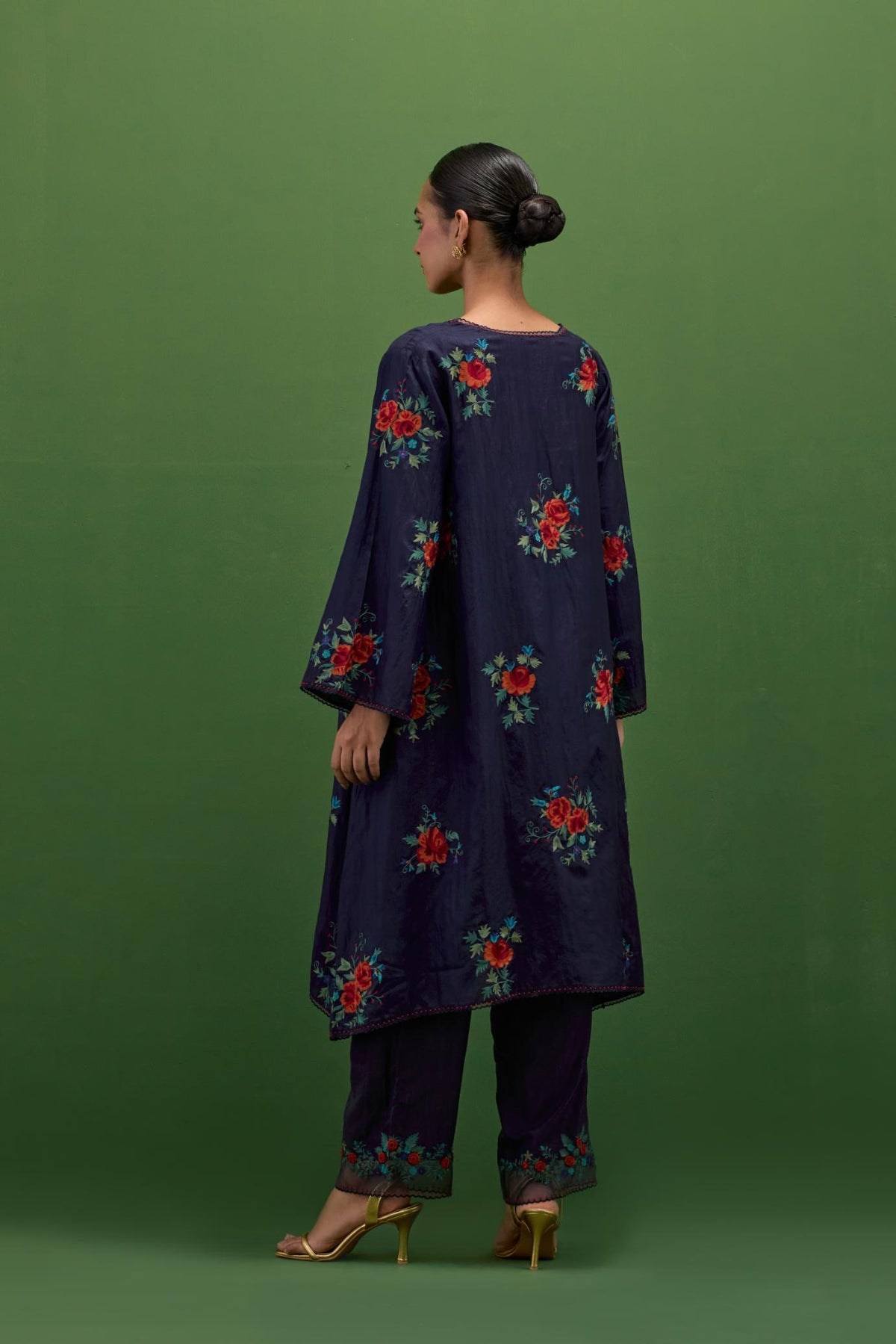 Midnight blue silk A-line short kurta set, with thread embroidery roses all over.