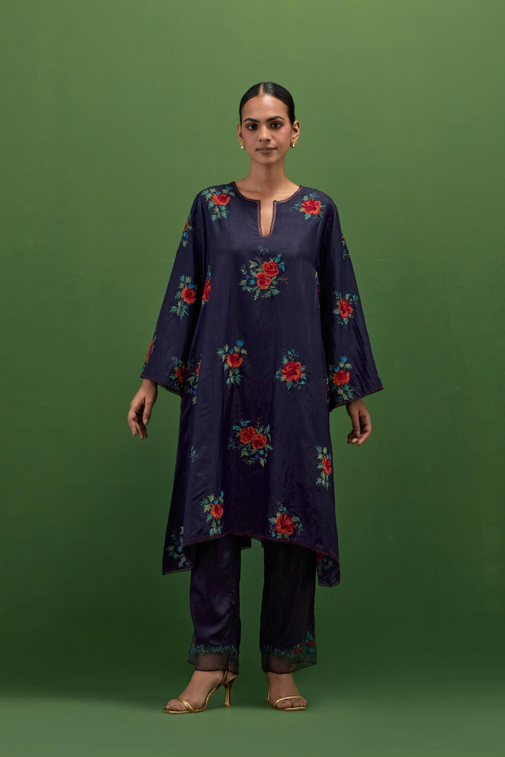 Midnight blue silk A-line short kurta set, with thread embroidery roses all over.