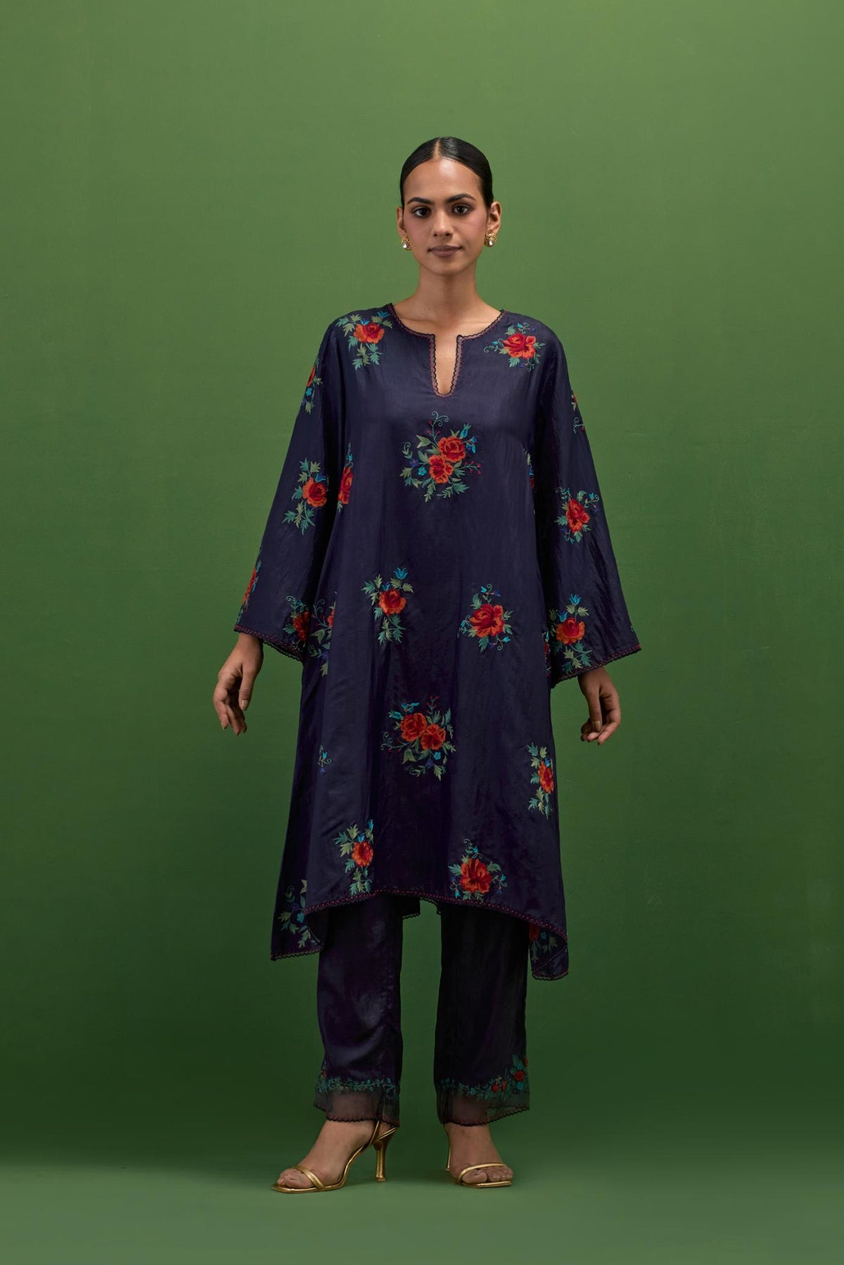 Midnight blue silk A-line short kurta set, with thread embroidery roses all over.