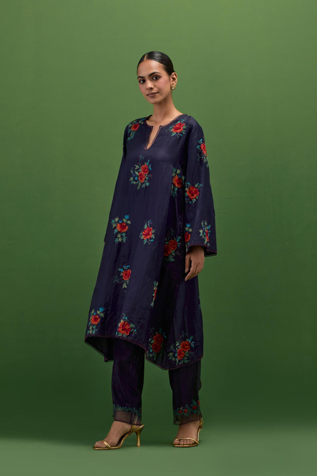 Midnight blue silk A-line short kurta set, with thread embroidery roses all over.