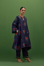 Midnight blue silk A-line short kurta set, with thread embroidery roses all over.