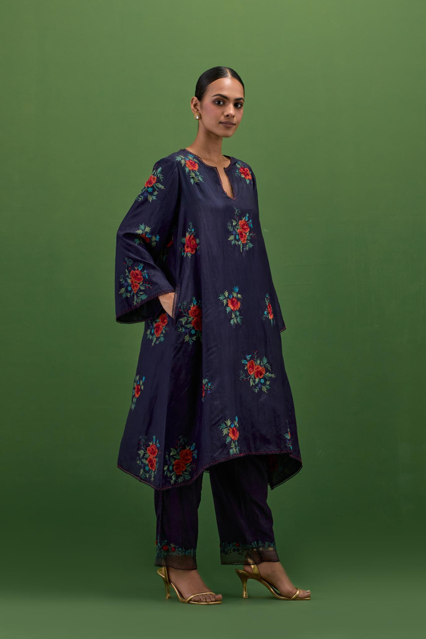 Midnight blue silk A-line short kurta set, with thread embroidery roses all over.