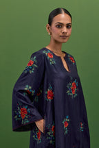 Midnight blue silk A-line short kurta set, with thread embroidery roses all over.