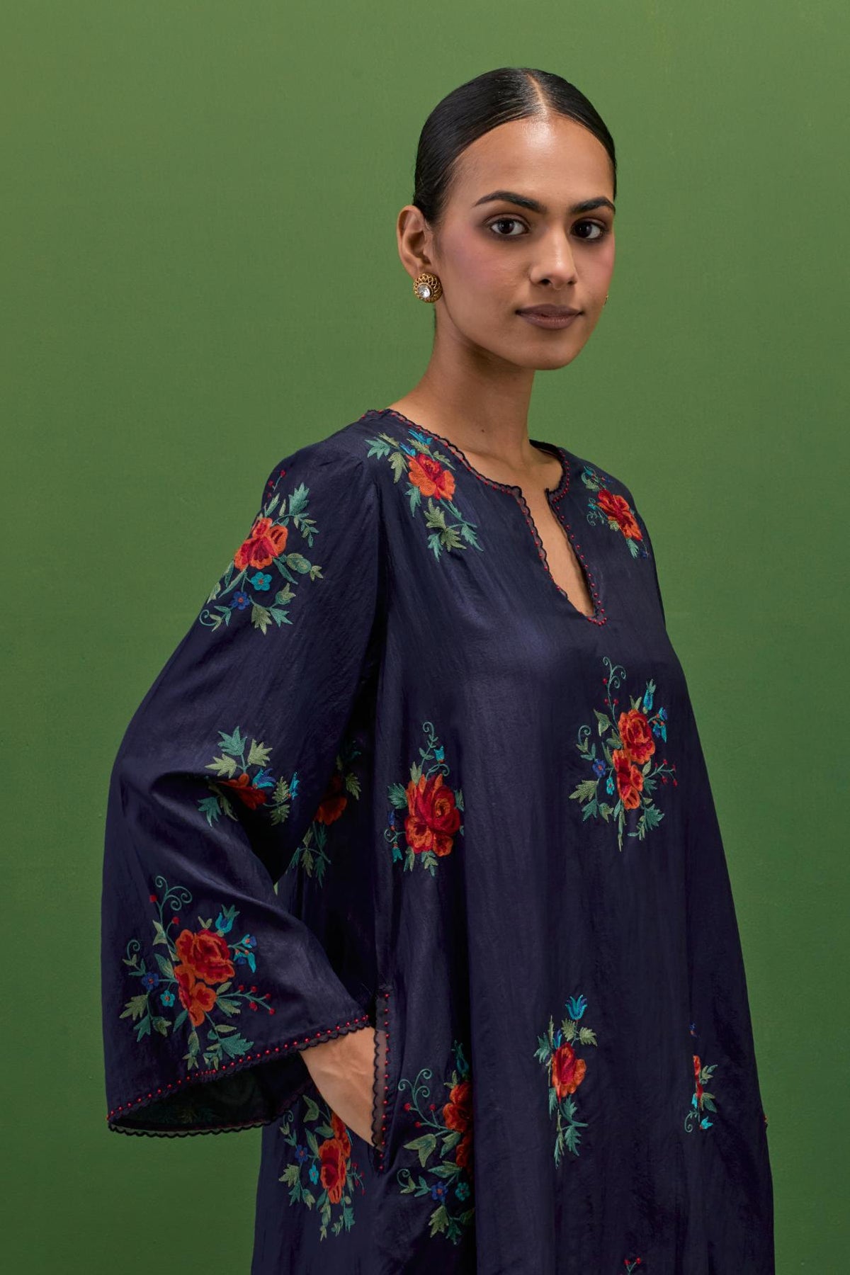 Midnight blue silk A-line short kurta set, with thread embroidery roses all over.
