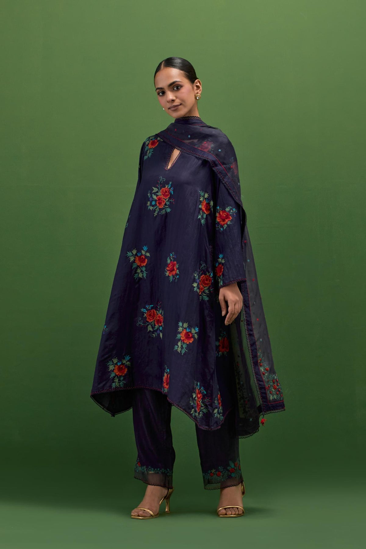 Midnight blue silk A-line short kurta set, with thread embroidery roses all over.