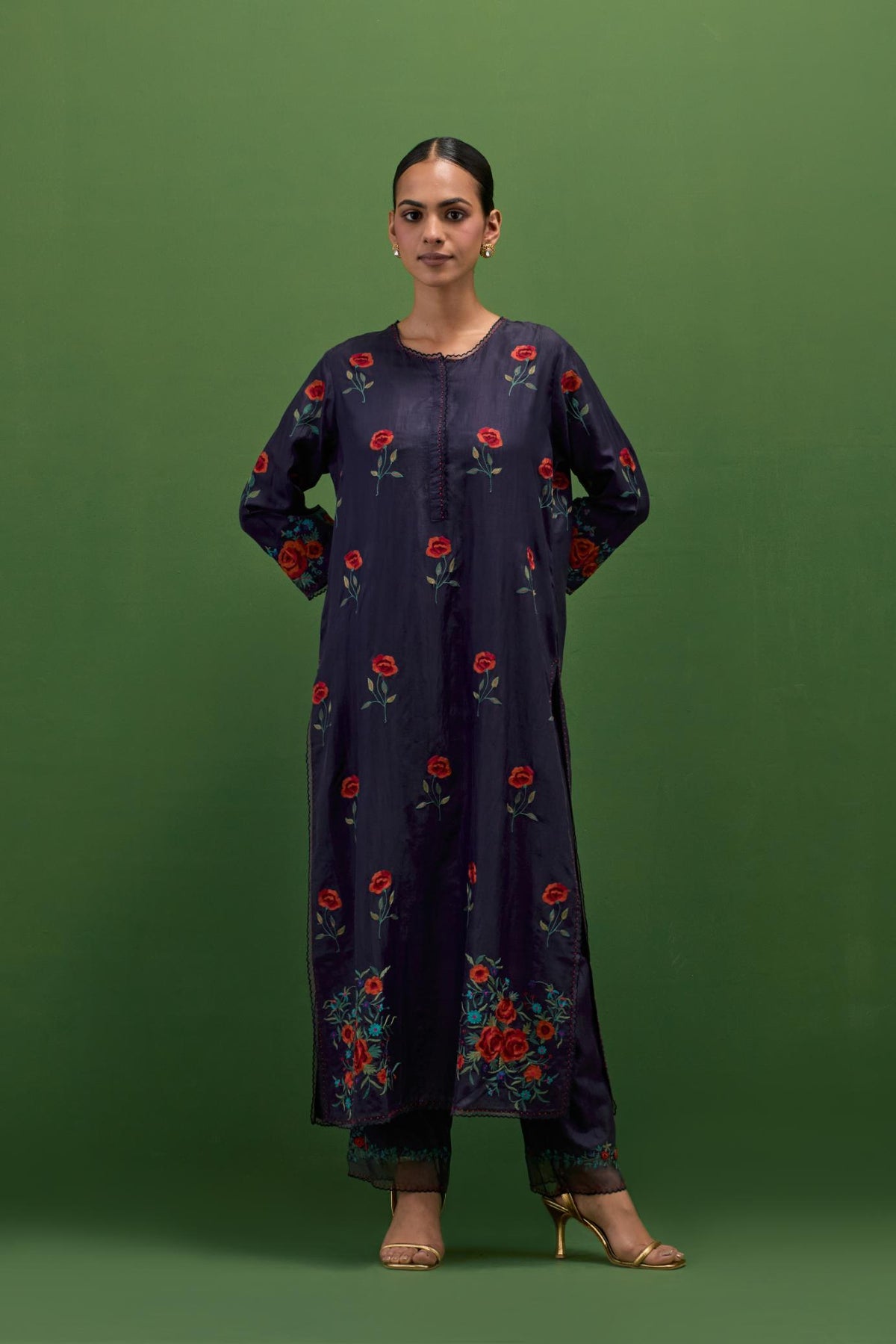 Midnight blue silk straight kurta set with all-over roses embroidered in thread and scalloped organza detail at the edges.