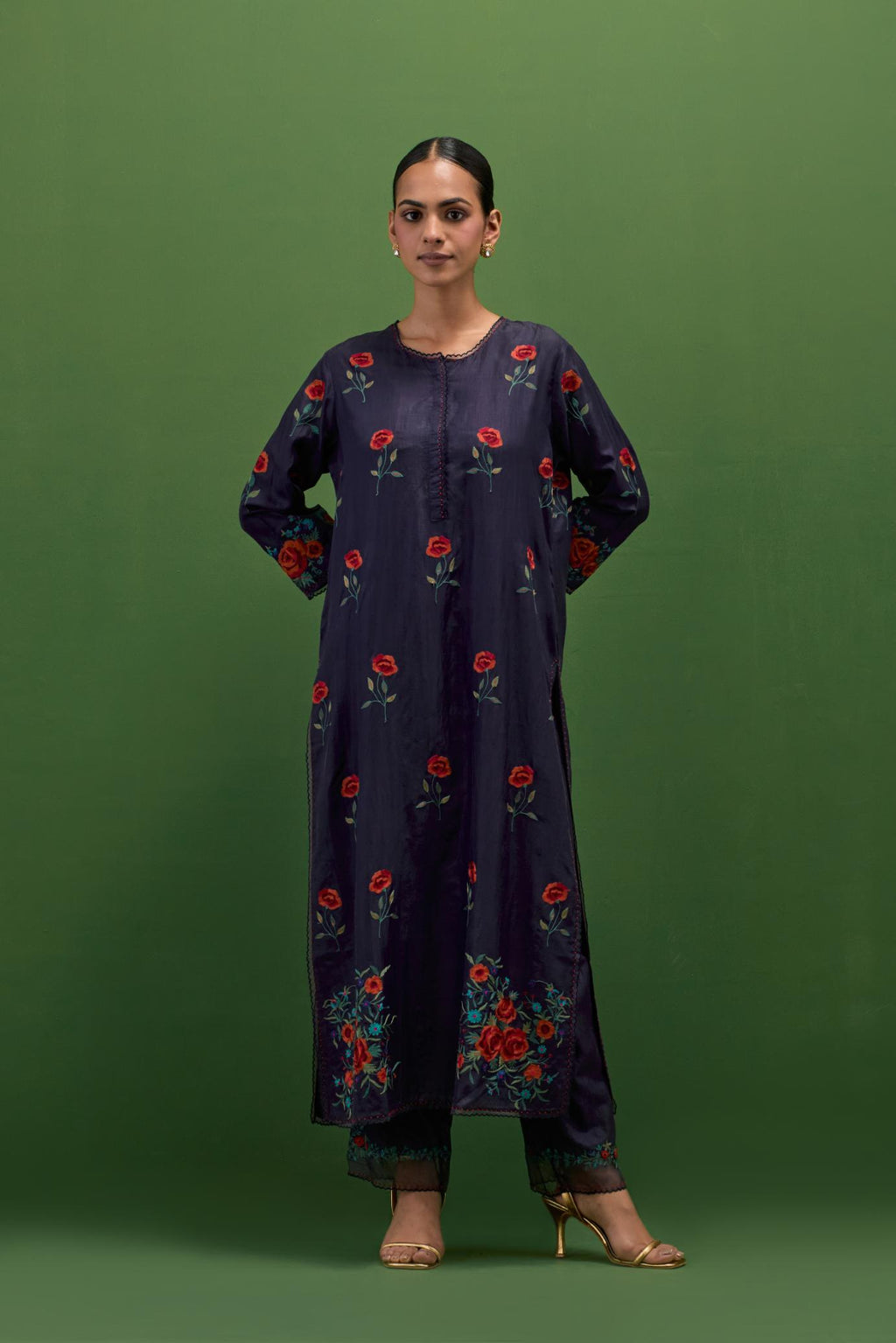 Midnight blue silk straight kurta set with all-over roses embroidered in thread and scalloped organza detail at the edges.