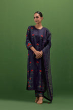 Midnight blue silk straight kurta set with all-over roses embroidered in thread and scalloped organza detail at the edges.