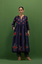 Midnight blue silk Kurta dress set with all-over assorted thread embroidery floral bunches.