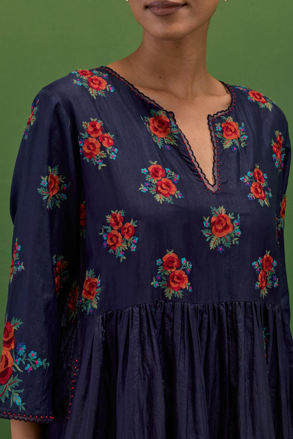 Midnight blue silk Kurta dress set with all-over assorted thread embroidery floral bunches.