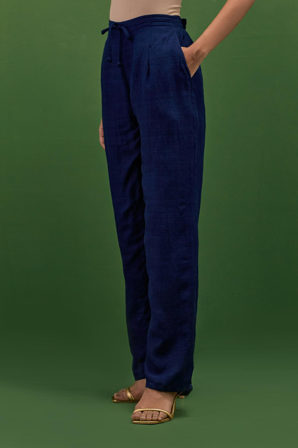 Midnight blue matka silk straight pants.