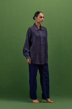 Midnight blue matka silk easy fit jacket set with all-over thread embroidered roses.