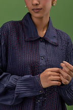 Midnight blue matka silk easy fit jacket set with all-over thread embroidered roses.