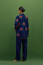 Midnight blue matka silk easy fit jacket set with all-over thread embroidered roses.