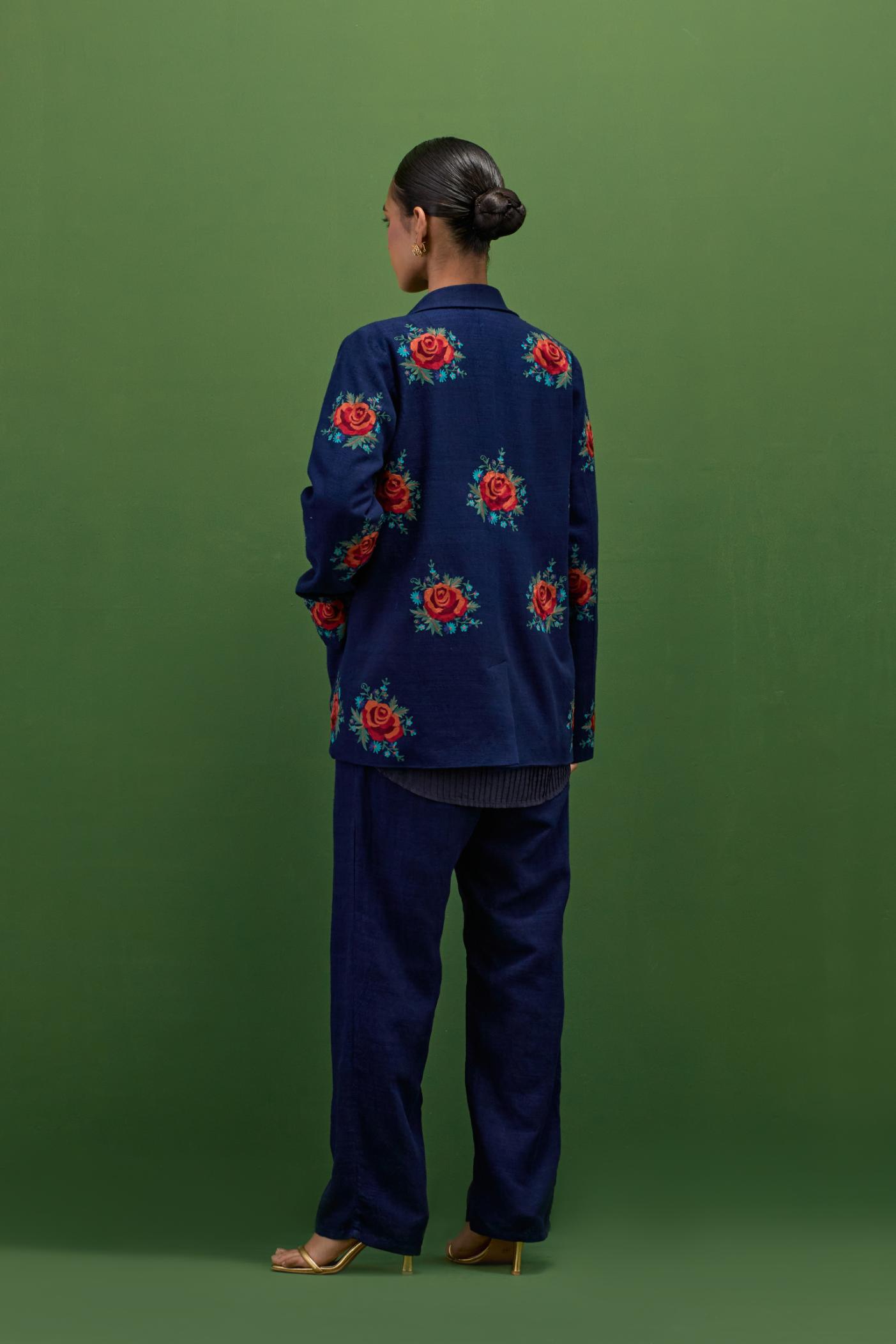 Midnight blue matka silk easy fit jacket set with all-over thread embroidered roses.