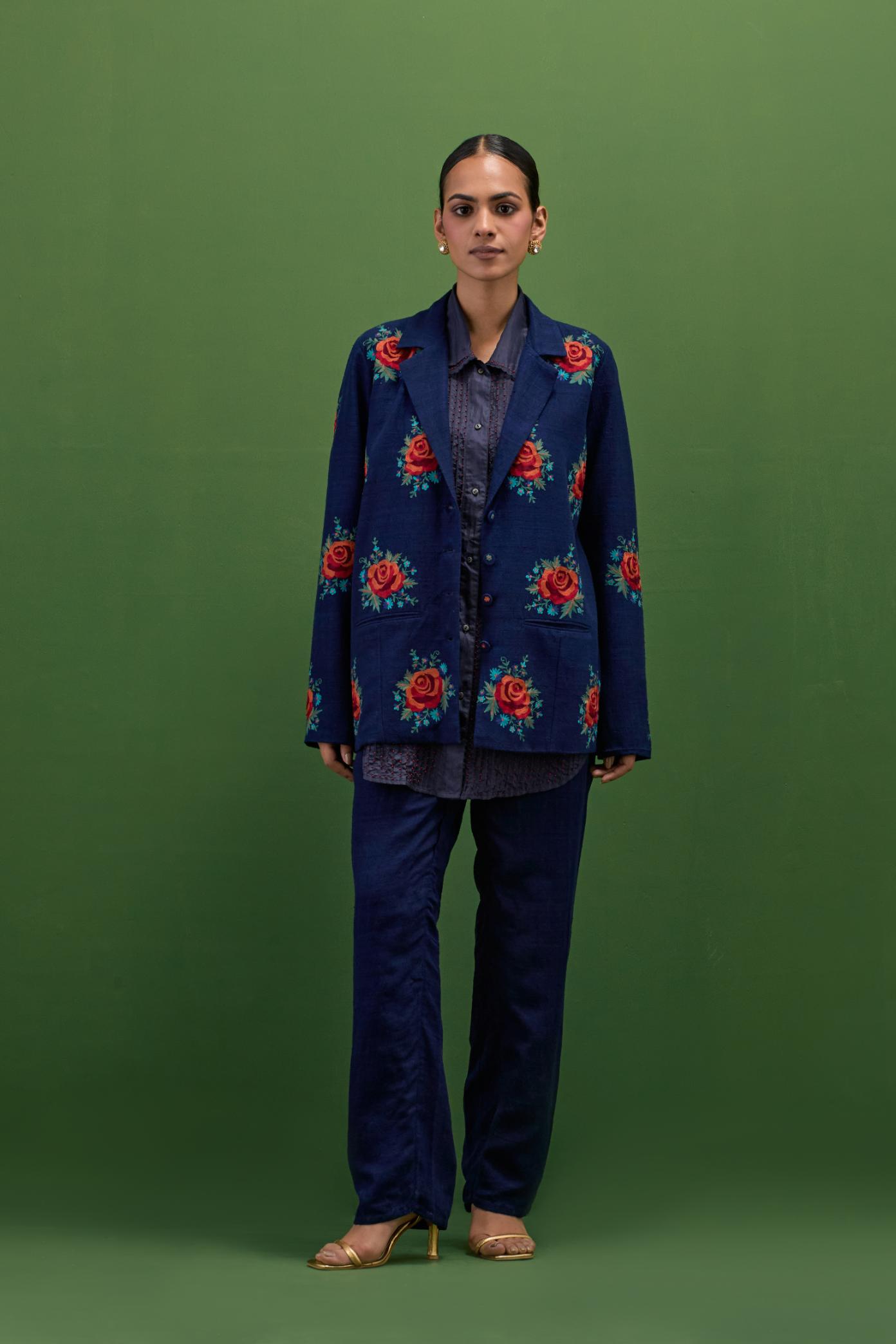Midnight blue matka silk easy fit jacket set with all-over thread embroidered roses.