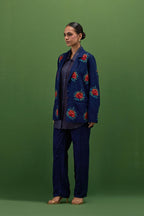 Midnight blue matka silk easy fit jacket set with all-over thread embroidered roses.