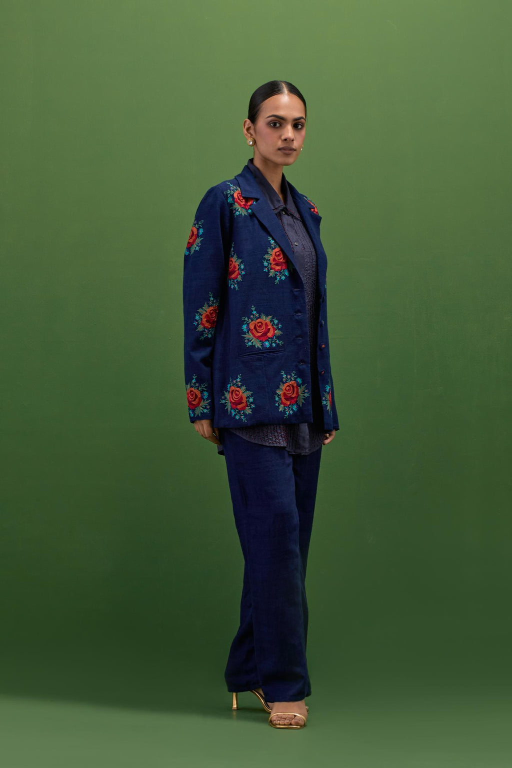 Midnight blue matka silk easy fit jacket set with all-over thread embroidered roses.
