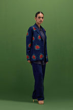 Midnight blue matka silk easy fit jacket set with all-over thread embroidered roses.