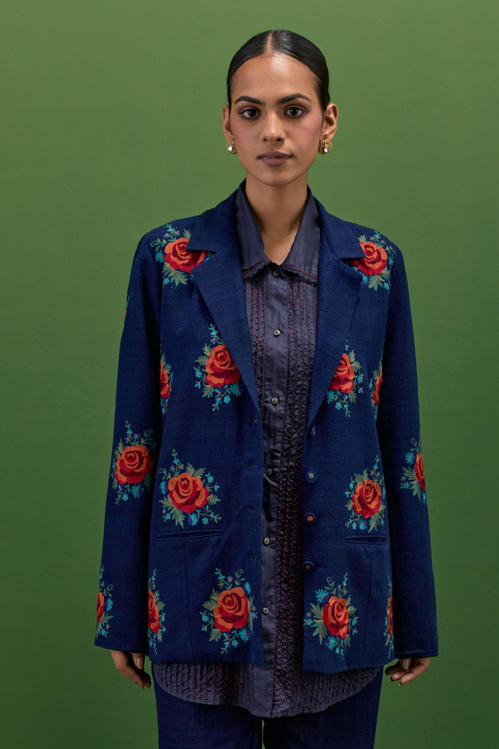 Midnight blue matka silk easy fit jacket set with all-over thread embroidered roses.