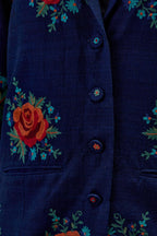 Midnight blue matka silk easy fit jacket set with all-over thread embroidered roses.