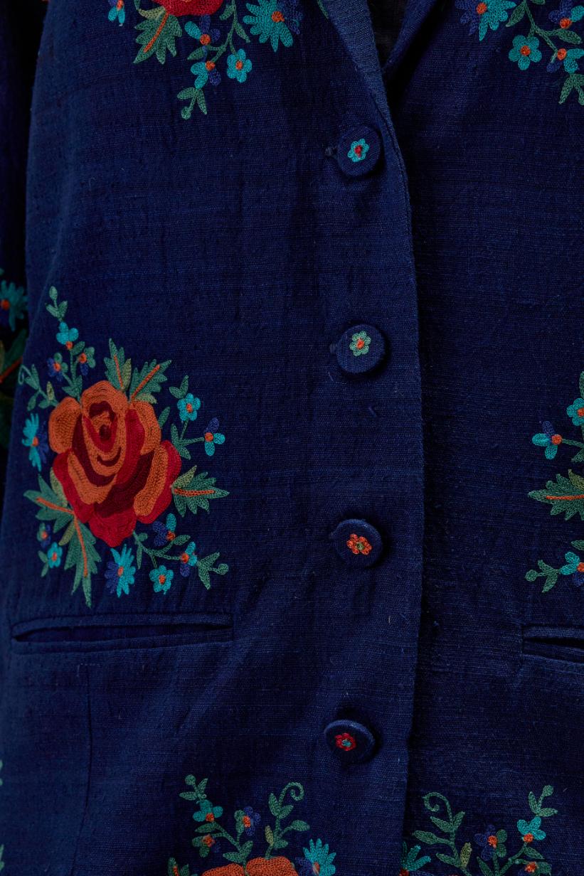 Midnight blue matka silk easy fit jacket set with all-over thread embroidered roses.