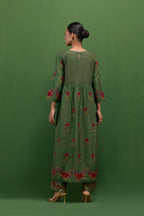 Brunswick green silk kurta set with pin tucks at yoke and all-over rose flower embroidery.