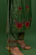 Brunswick green silk kurta set with pin tucks at yoke and all-over rose flower embroidery.