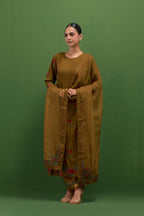 Golden olive silk kurta set with pin tucks at yoke and all-over rose flower embroidery.