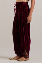 Plum Silk velvet salwar, highlighted with hand embroidered bead, sequins, zardozi and zari boota at bottom hem.
