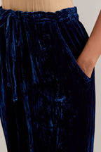 Navy blue Silk velvet pants, highlighted with hand embroidered bead, sequins, zardozi and zari boota at bottom hem.
