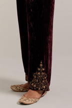 Rich Brown Silk velvet pants, highlighted with hand embroidered bead, sequins, zardozi and zari boota at bottom hem.