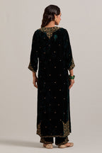 Dark green straight Silk Velvet kurta set with all-over hand-embroidered bead, sequins, zardozi and zari work.