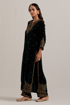 Dark green straight Silk Velvet kurta set with all-over hand-embroidered bead, sequins, zardozi and zari work.