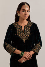 Dark green straight Silk Velvet kurta set with all-over hand-embroidered bead, sequins, zardozi and zari work.