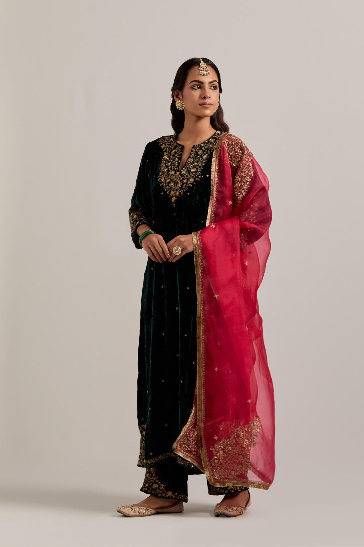 Fuchsia silk organza dupatta with delicate sequins, zardozi and zari work, highlighted with contrast bead work.