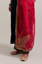 Dark green straight Silk Velvet kurta set with all-over hand-embroidered bead, sequins, zardozi and zari work.