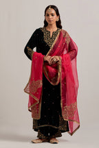 Dark green straight Silk Velvet kurta set with all-over hand-embroidered bead, sequins, zardozi and zari work.