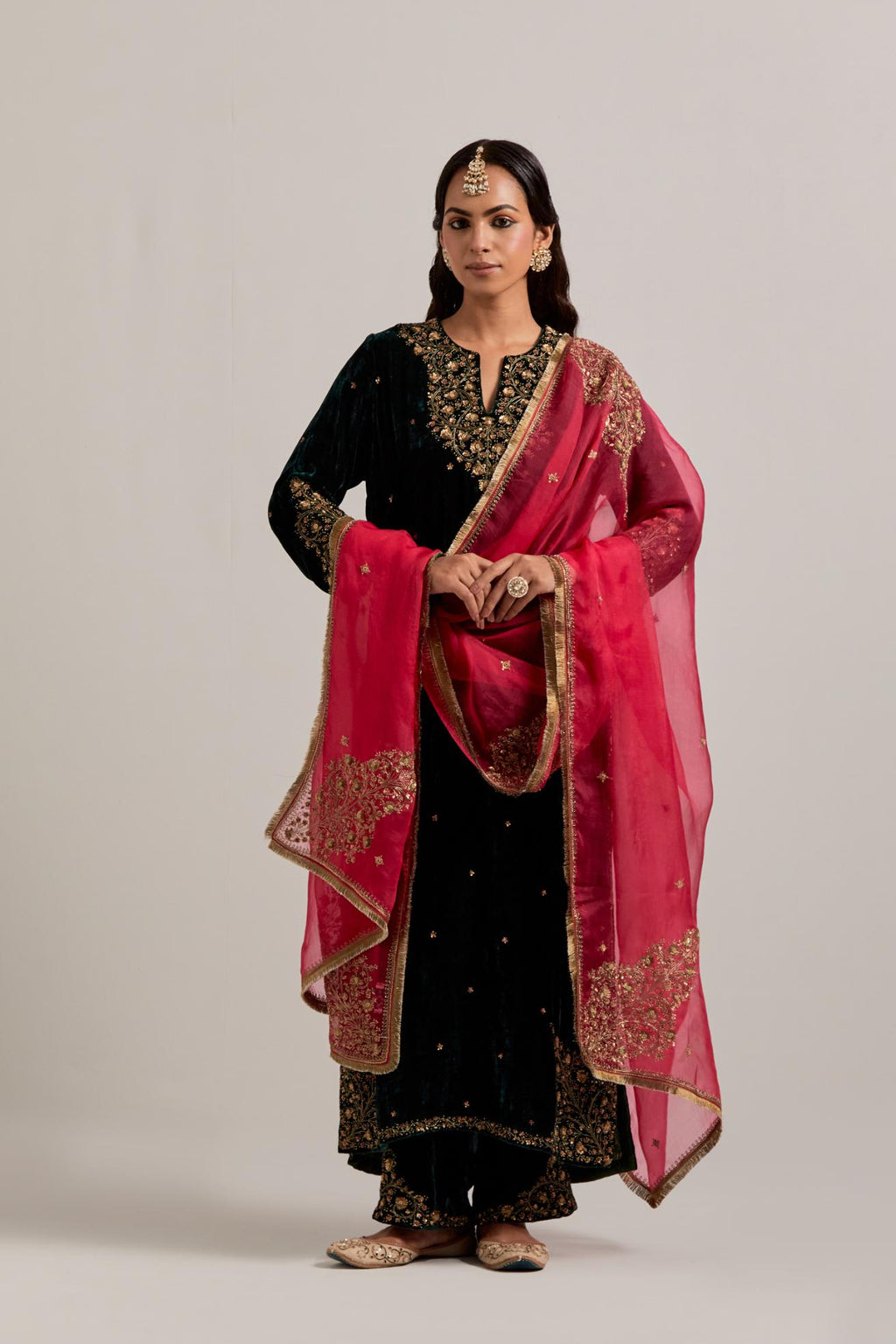 Fuchsia silk organza dupatta with delicate sequins, zardozi and zari work, highlighted with contrast bead work.