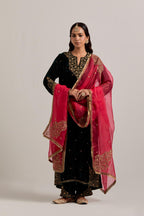 Fuchsia silk organza dupatta with delicate sequins, zardozi and zari work, highlighted with contrast bead work.