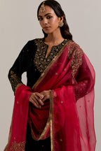 Dark green straight Silk Velvet kurta set with all-over hand-embroidered bead, sequins, zardozi and zari work.