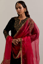 Fuchsia silk organza dupatta with delicate sequins, zardozi and zari work, highlighted with contrast bead work.