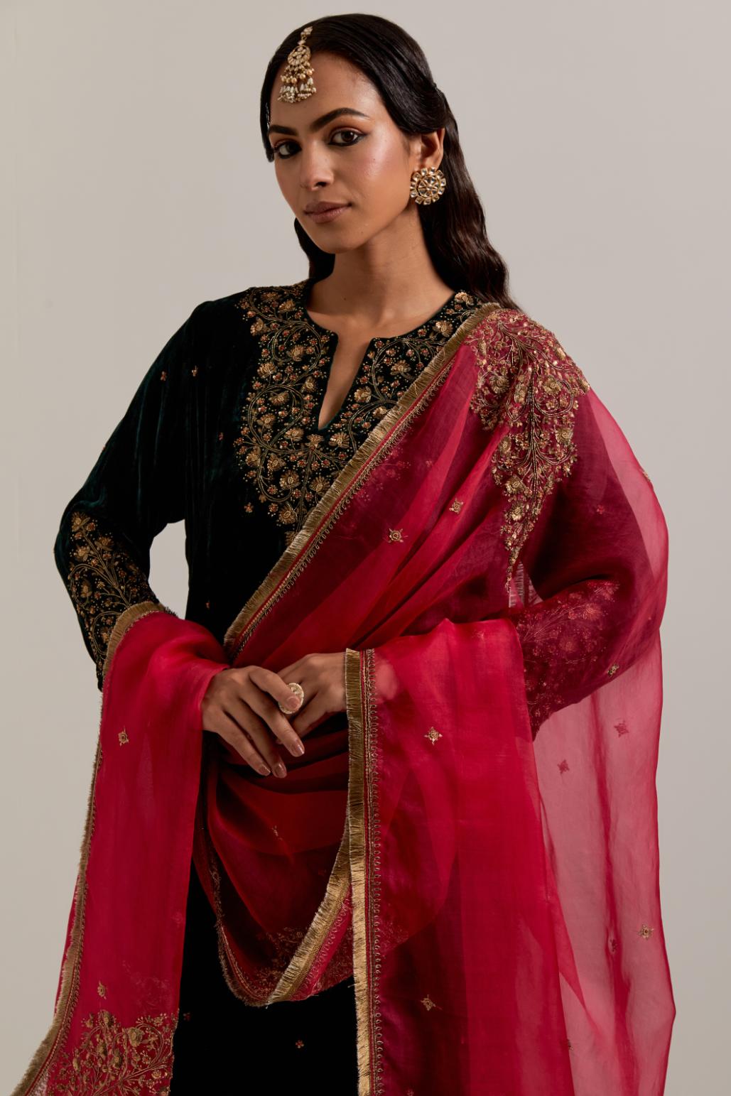 Fuchsia silk organza dupatta with delicate sequins, zardozi and zari work, highlighted with contrast bead work.
