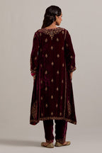 Plum easy fit A-line, panelled, short kurta set in silk velvet with all-over hand embroidery at the neck, sleeves and hem.
