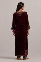 Plum straight Silk Velvet kurta set with all-over hand-embroidered bead, sequins, zardozi and zari work.