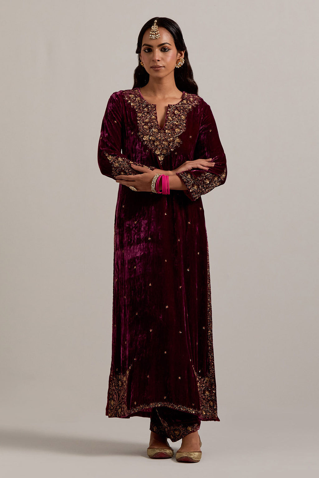 Plum straight Silk Velvet kurta set with all-over hand-embroidered bead, sequins, zardozi and zari work.