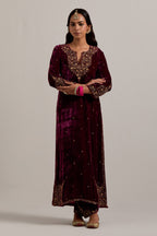 Plum straight Silk Velvet kurta set with all-over hand-embroidered bead, sequins, zardozi and zari work.