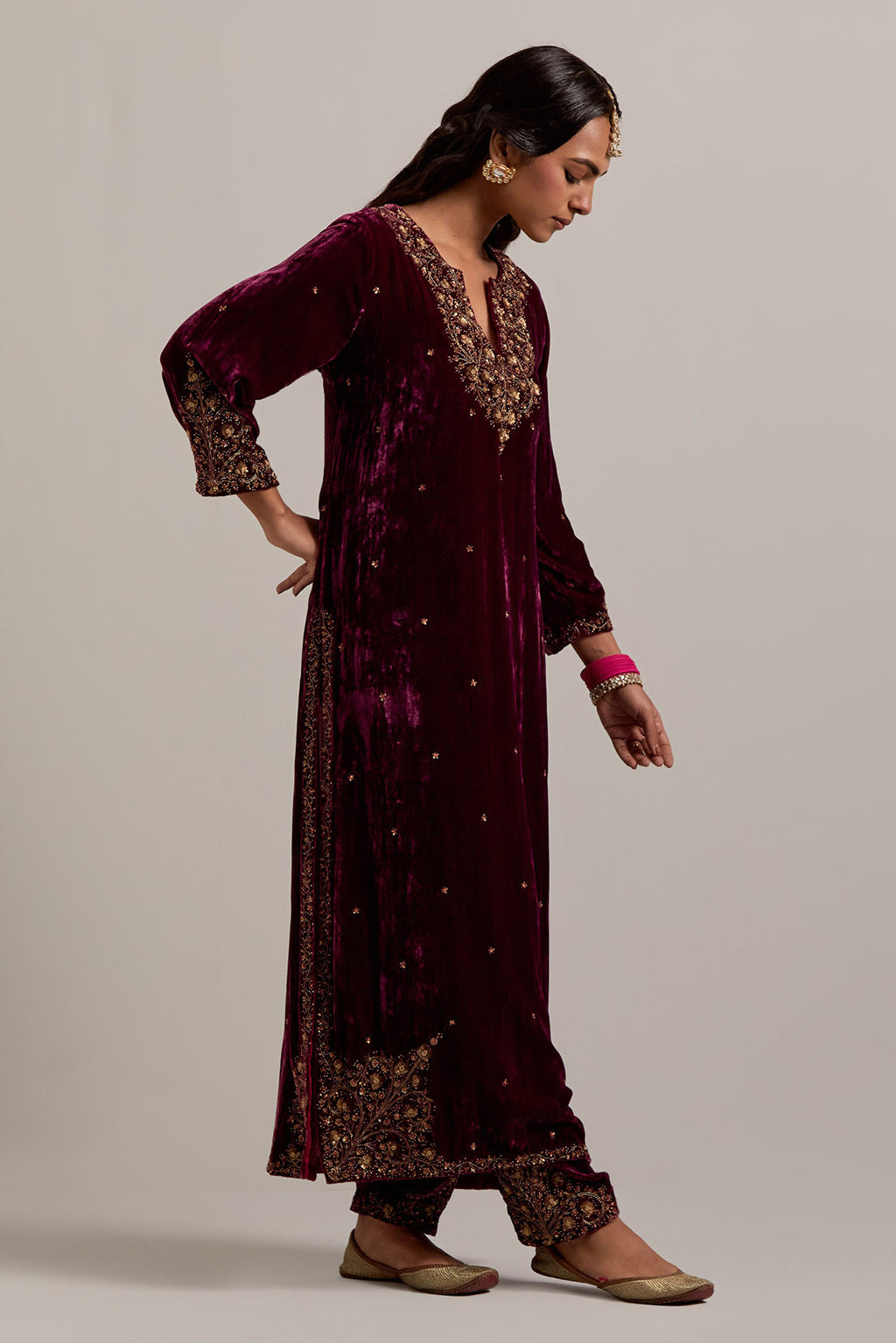 Plum straight Silk Velvet kurta set with all-over hand-embroidered bead, sequins, zardozi and zari work.