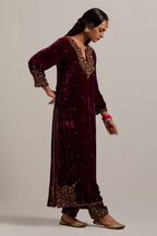 Plum straight Silk Velvet kurta set with all-over hand-embroidered bead, sequins, zardozi and zari work.