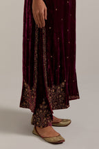 Plum straight Silk Velvet kurta set with all-over hand-embroidered bead, sequins, zardozi and zari work.